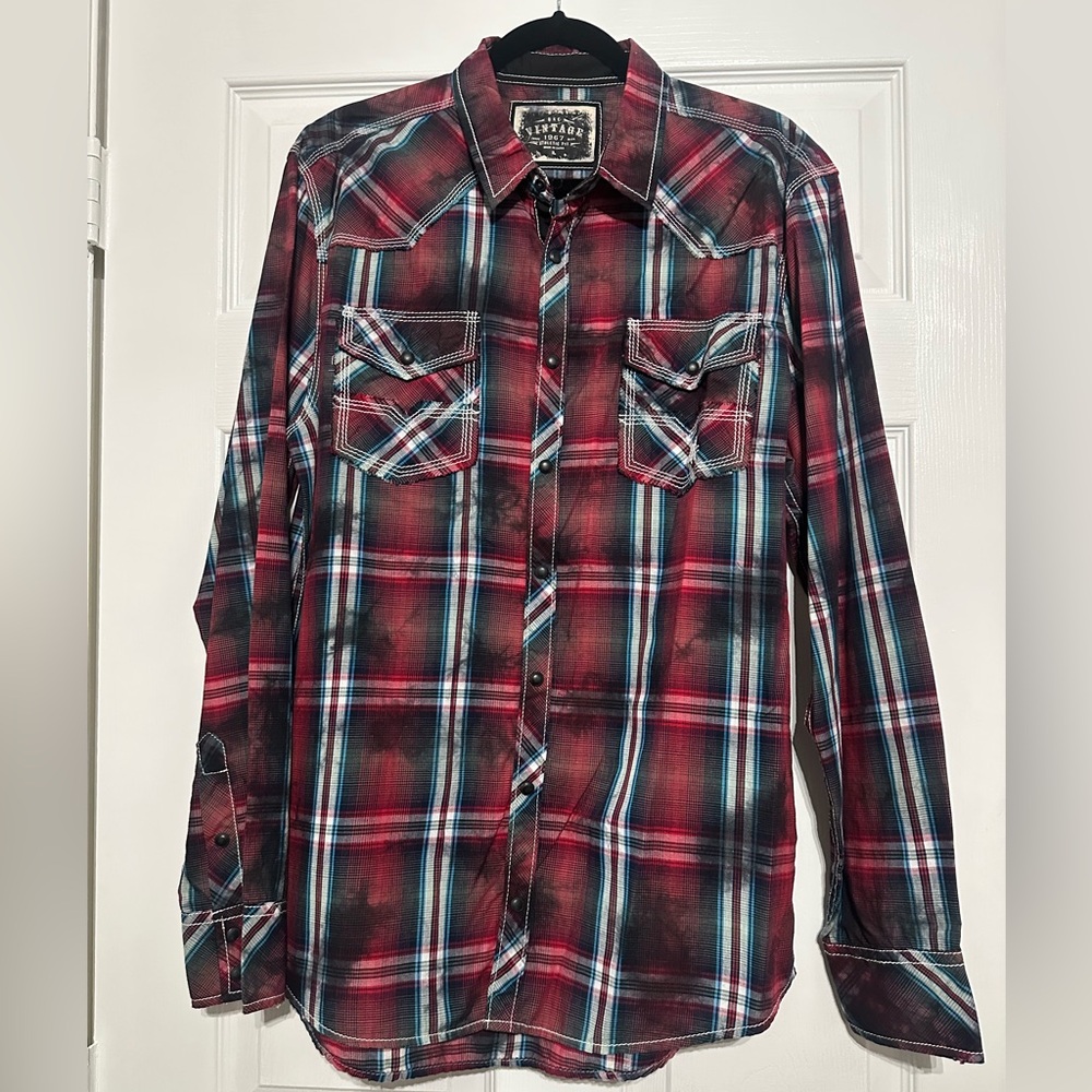 BKE Vintage Athletic Fit Snap 
Plaid Western Shirt Sz L-red/maroon/blue/black